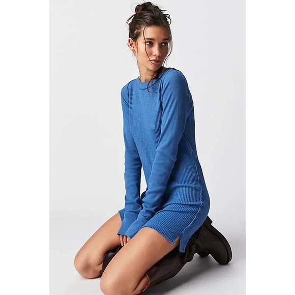 Free People We The Free Blue Ribbed Long Sleeve Tunic Top S - Picture 1 of 12